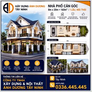 Tư vấn xây dựng nhà phố căn góc diện tích 8m x 20m = 160m², 1 lầu, mái Thái
