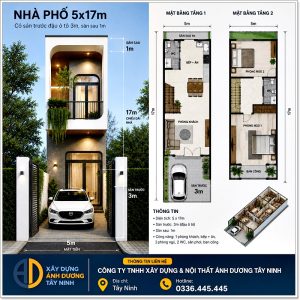 Tư vấn xây dựng nhà phố diện tích 5x17 có sân trước đậu ô tô 3m, sân sau 1m,